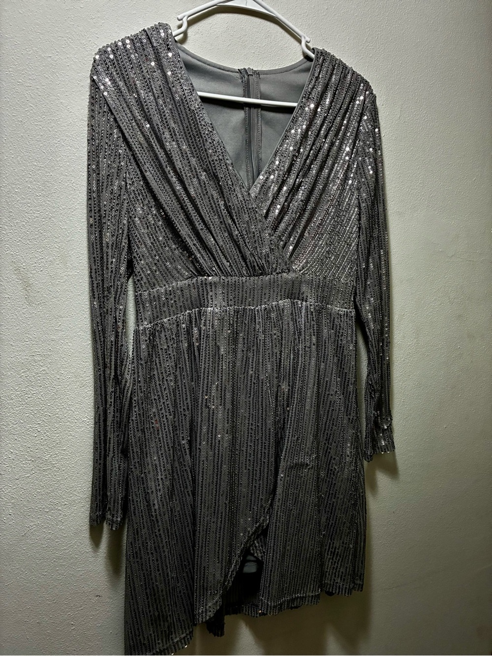 Silver Sequin Wrap Long-Sleeve Evening Dress